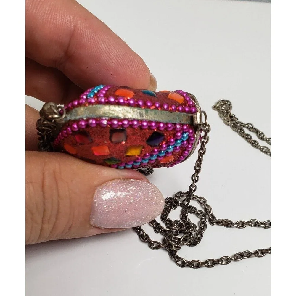 Vintage Tibetan Metal Cash Pill Stash Pouch Red Amulet Tincture Dangler 32" RARE - Picture 11 of 15